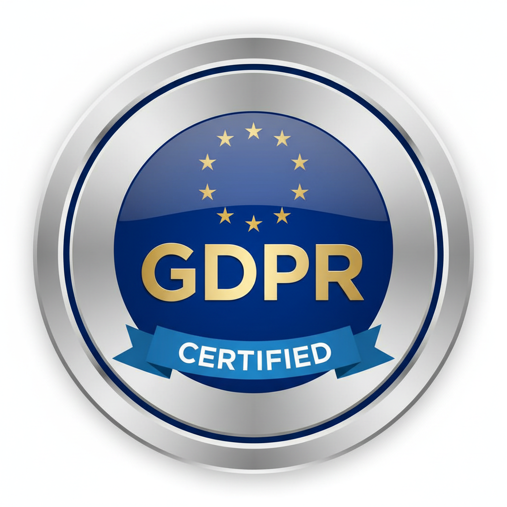 GDPR compliance badge with EU flag stars and privacy shield on blue background