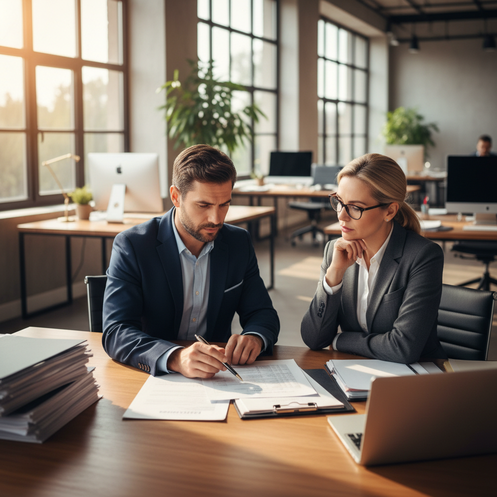 Two professionals reviewing tax documents at a clean desk, bright office, organized paperwork