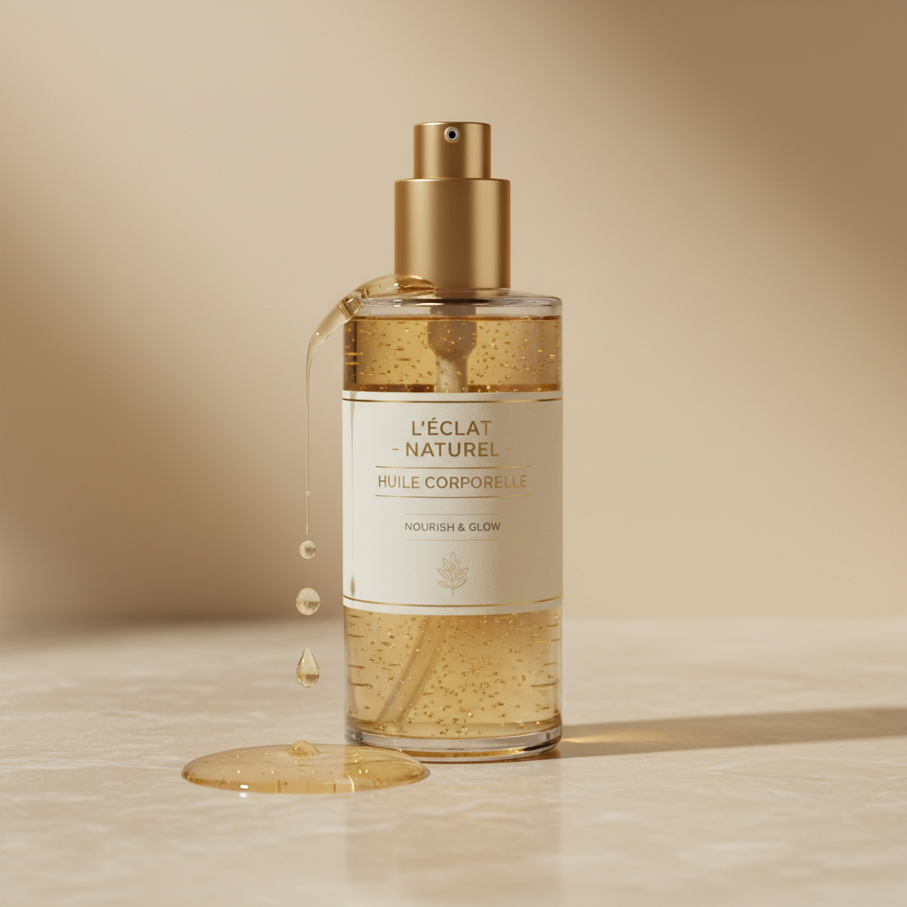Golden body oil being poured onto smooth glowing skin with warm lighting