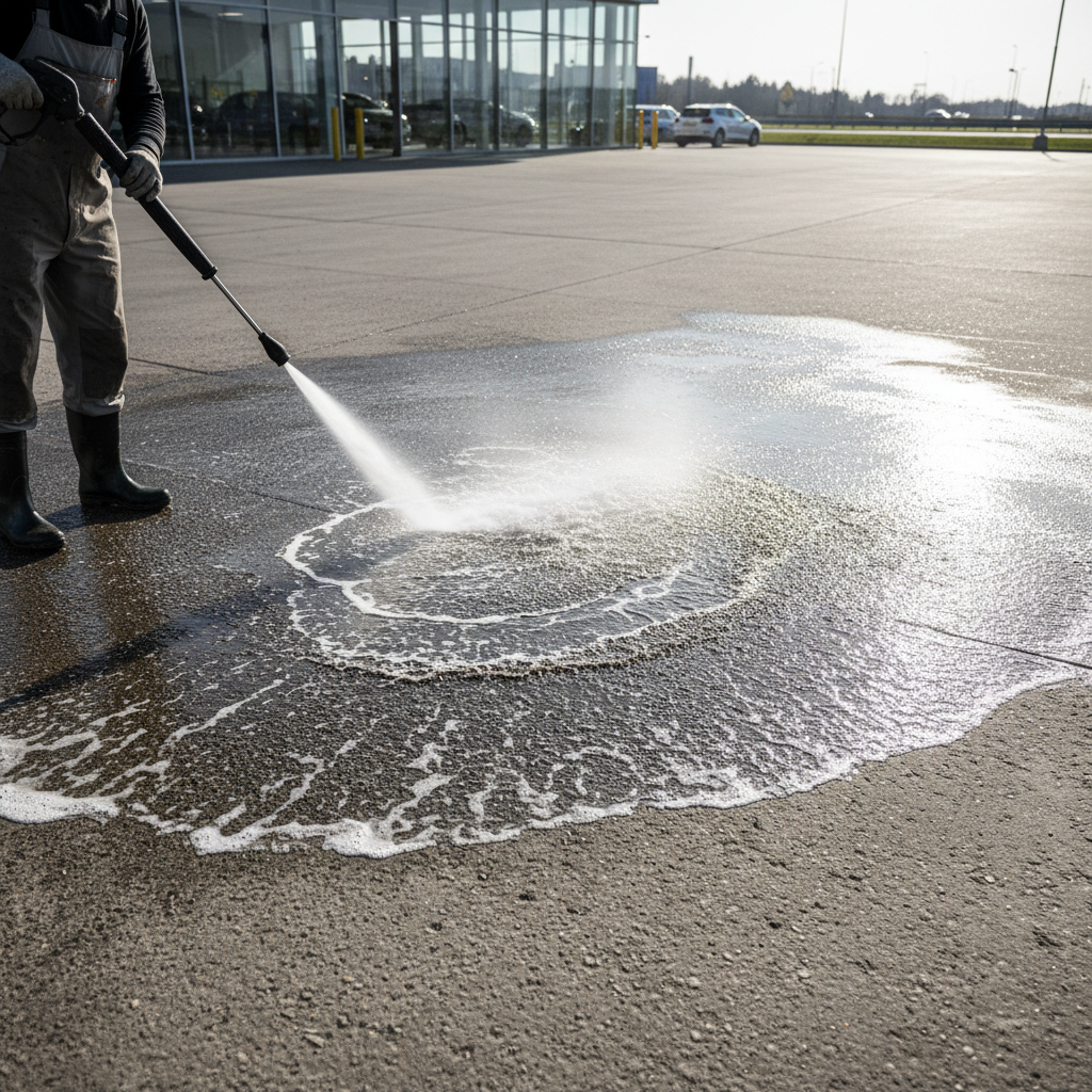 Pressure washing concrete driveway and outdoor tiles around landed property