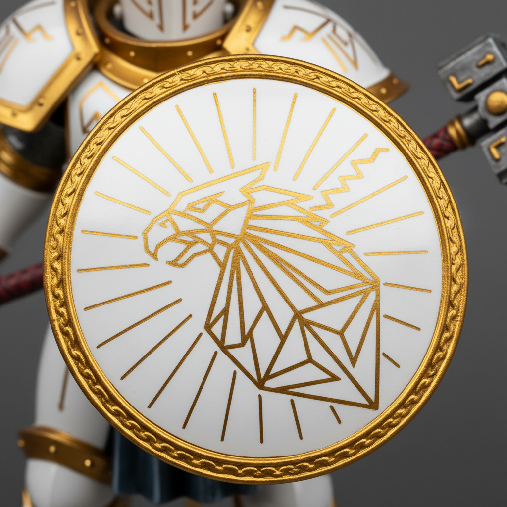 Close-up of a painted Stormcast Eternals shield with freehand heraldic design, clean geometric lines in gold over white ground
