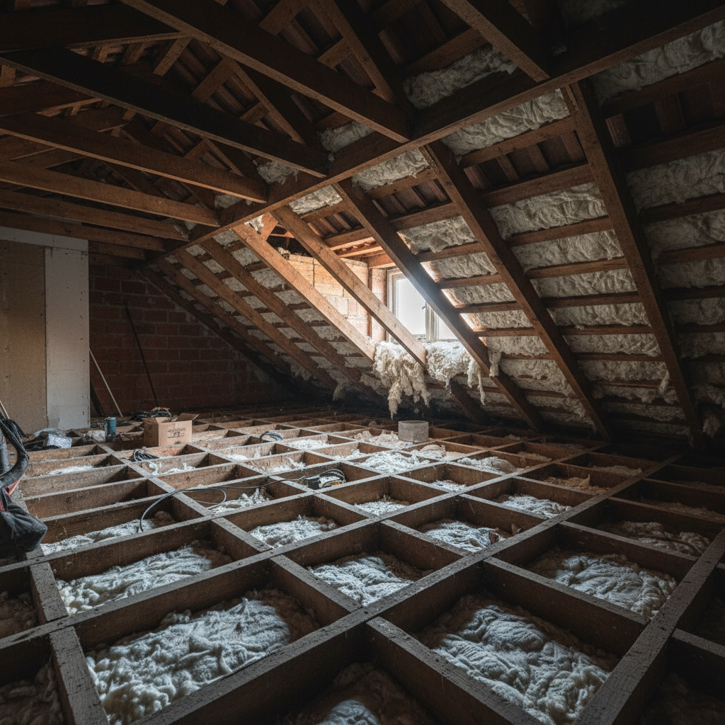 Dark unboarded loft space with exposed joists and insulation