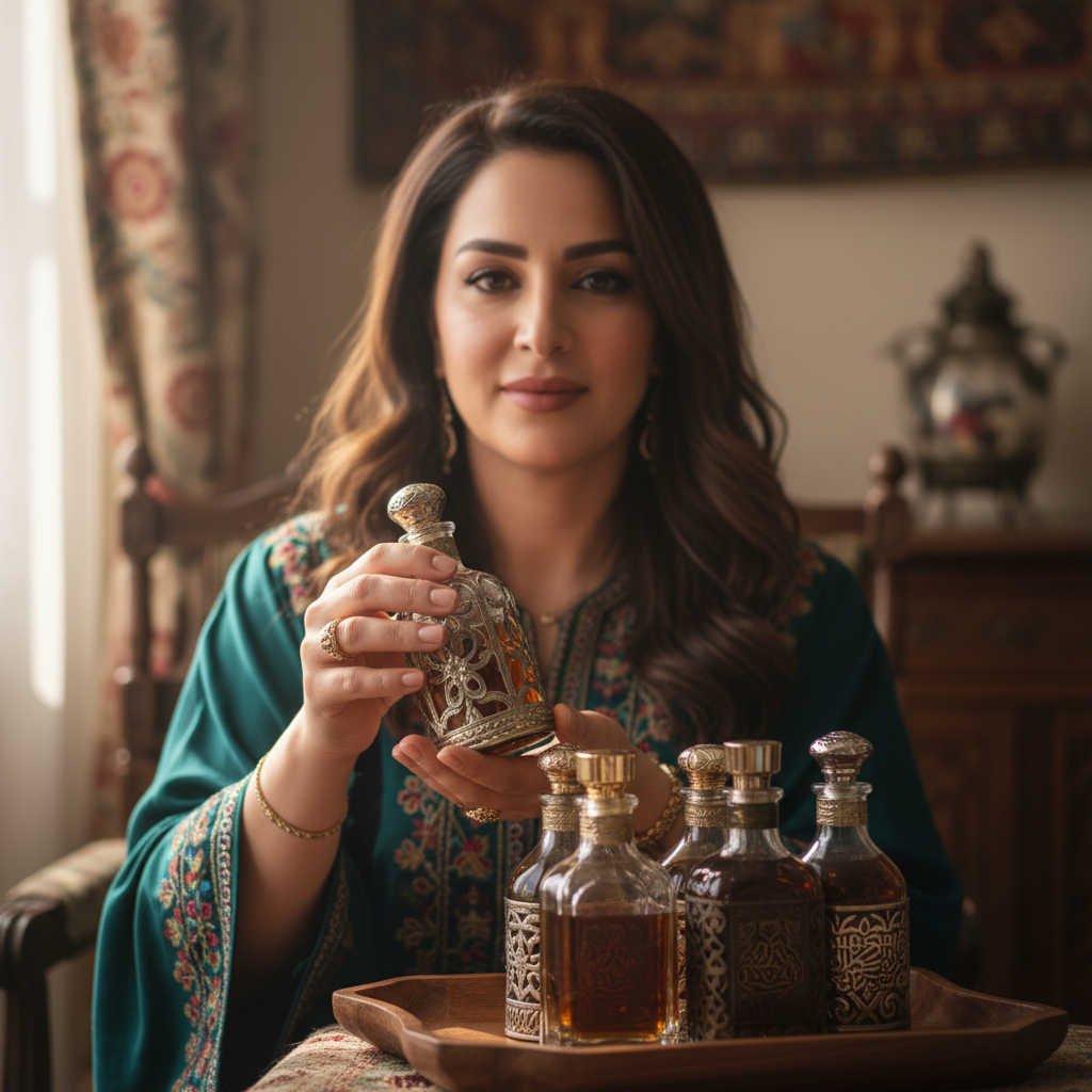 Middle Eastern woman in her 30s with an elegant expression, oud collector from Dubai living in Bengaluru