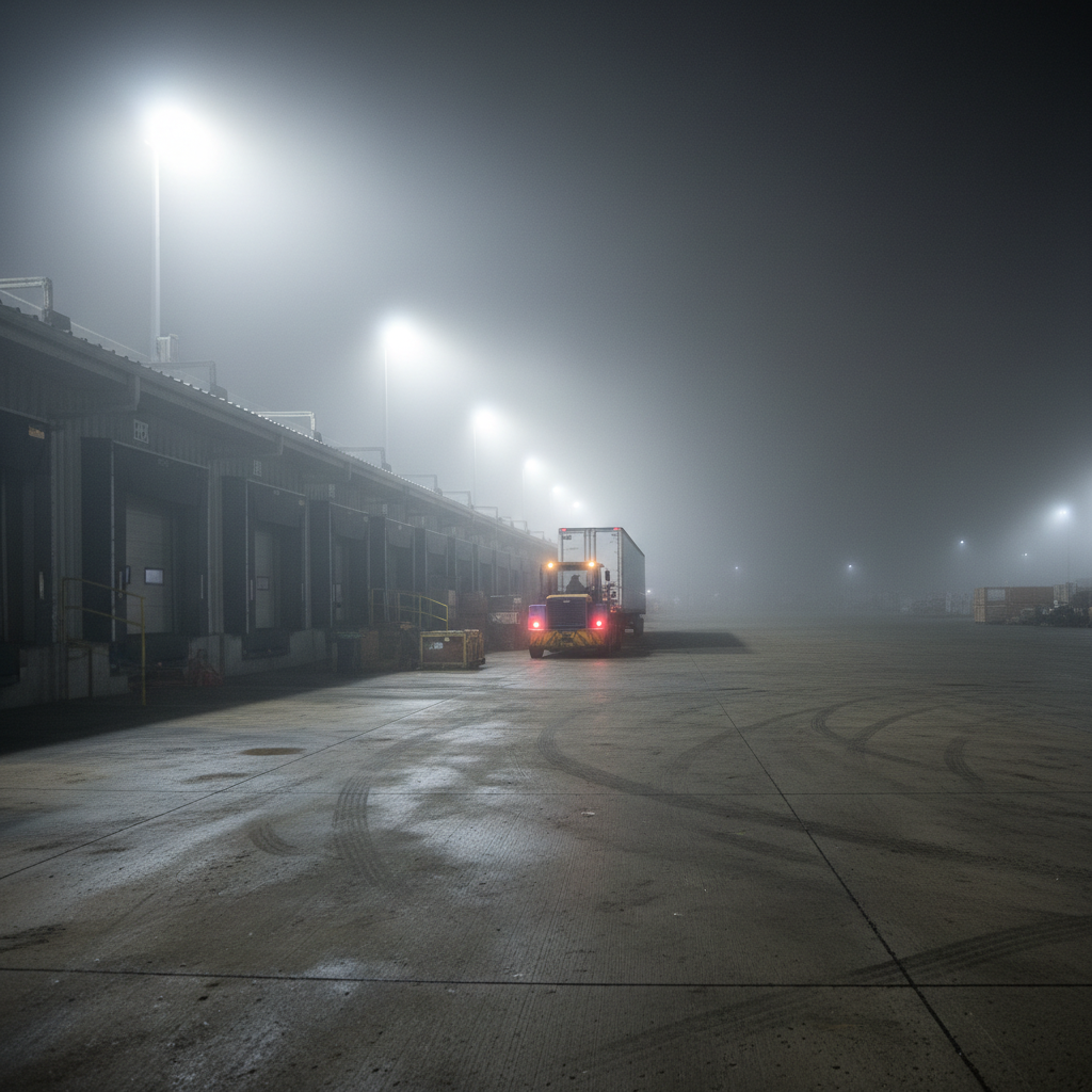 Loading dock at 5am with floodlights cutting through fog and a yard tractor reversing into position