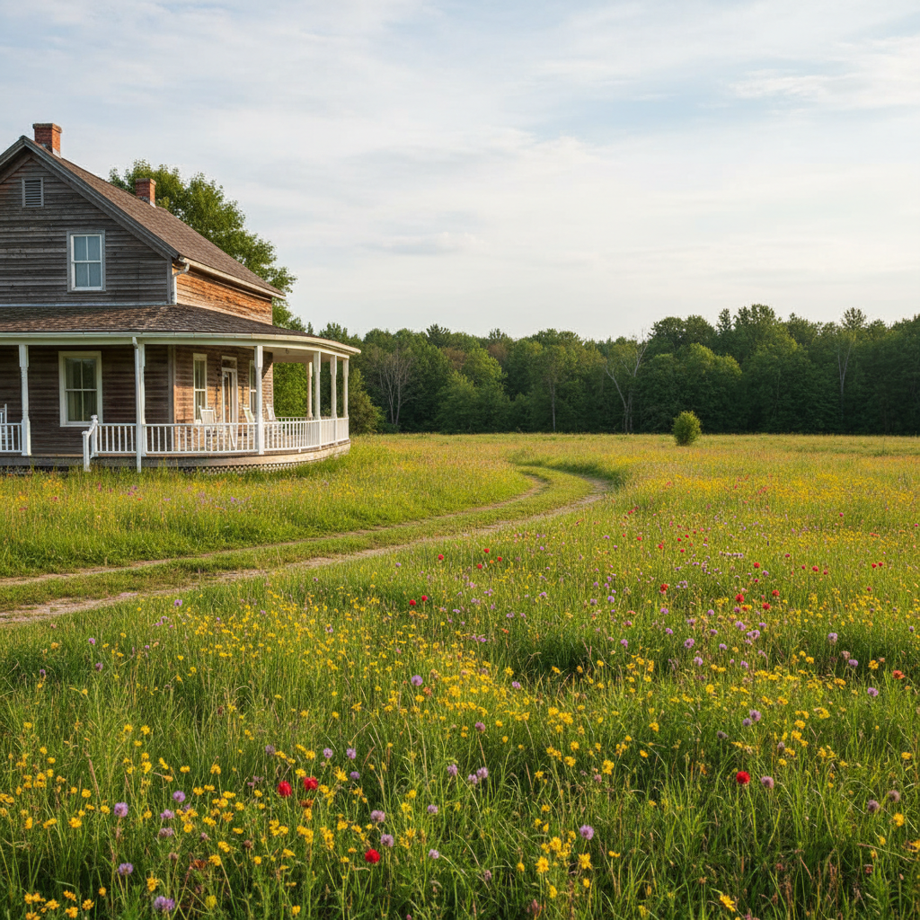 Expansive pastoral farmhouse with wraparound porch overlooking open meadow and distant tree line