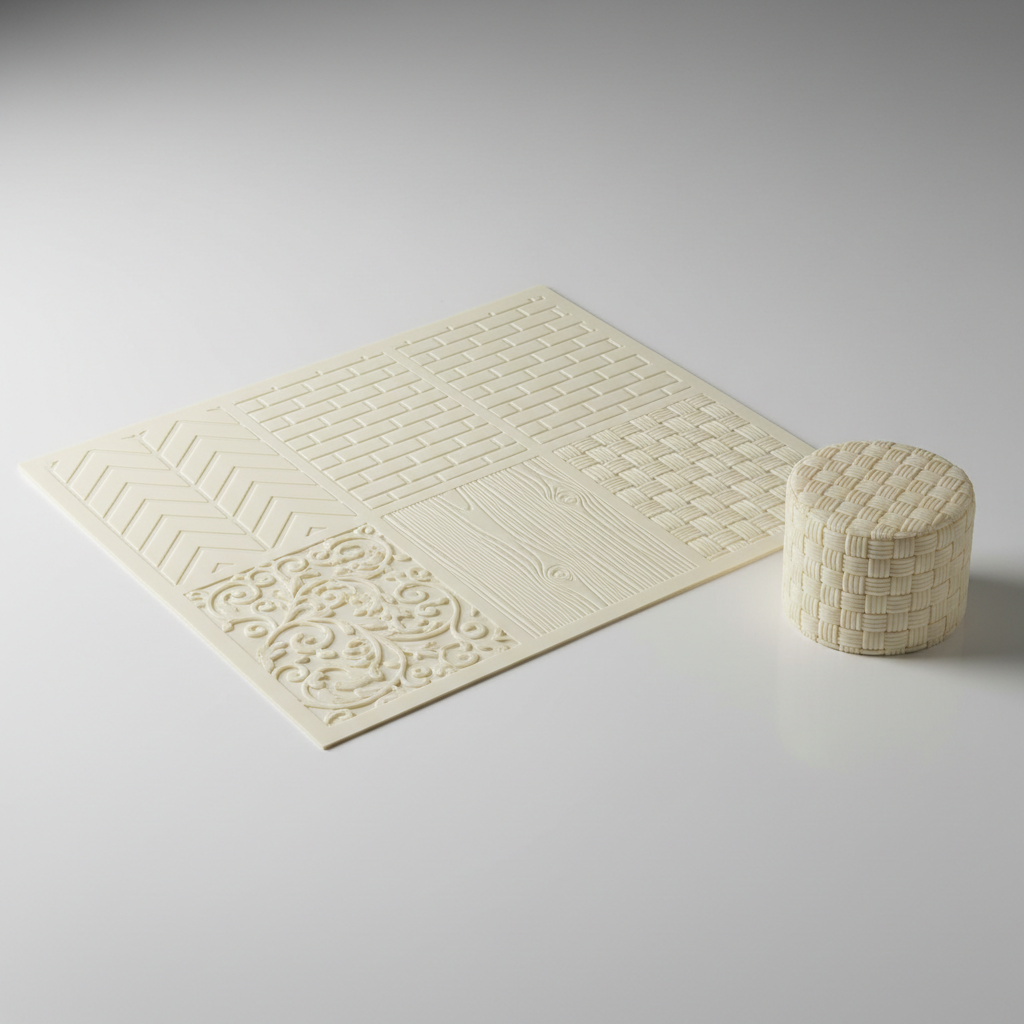 Fondant being pressed with lace texture mat to create intricate pattern on cake side