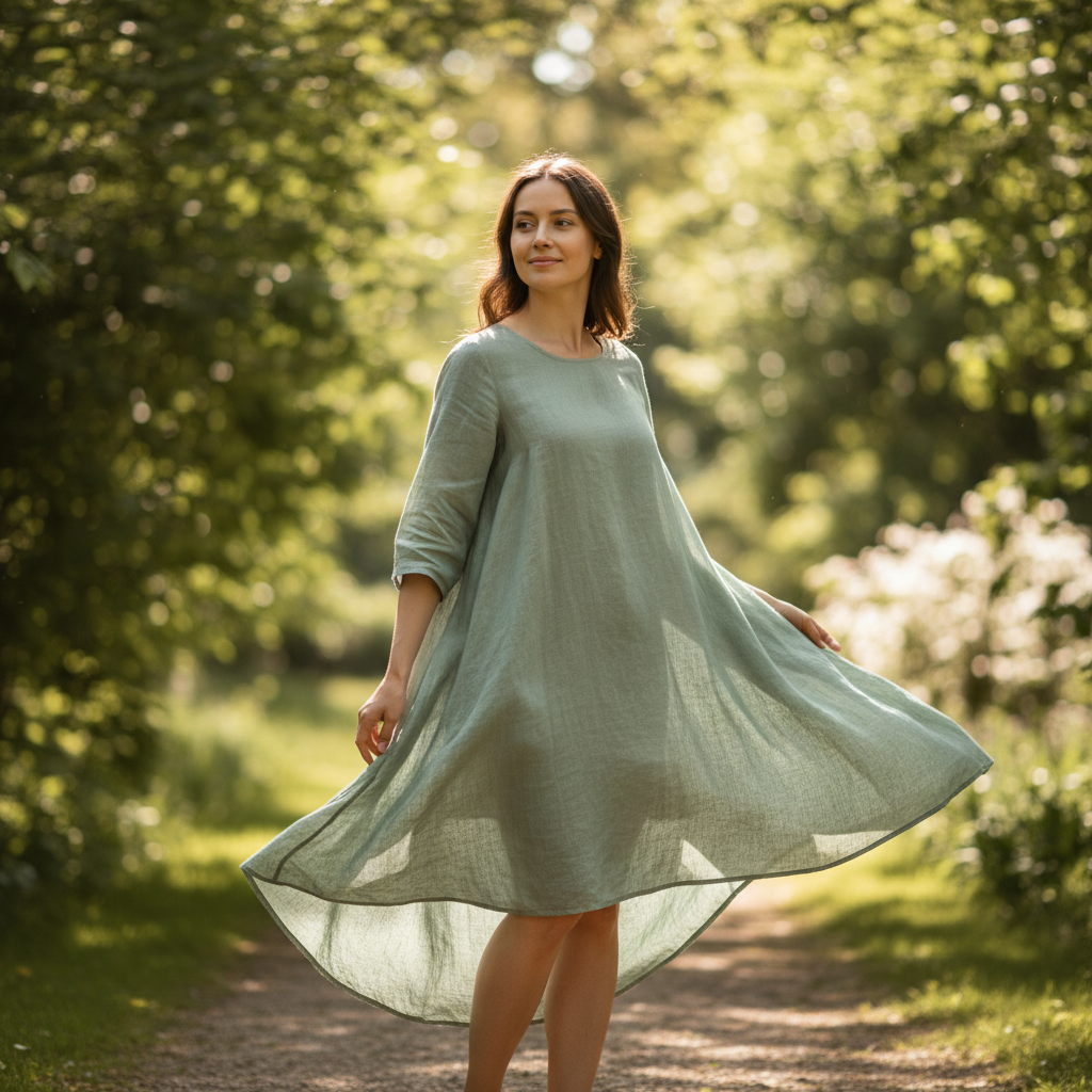 Woman in light summer dress outdoors, bright natural lighting, summer fashion
