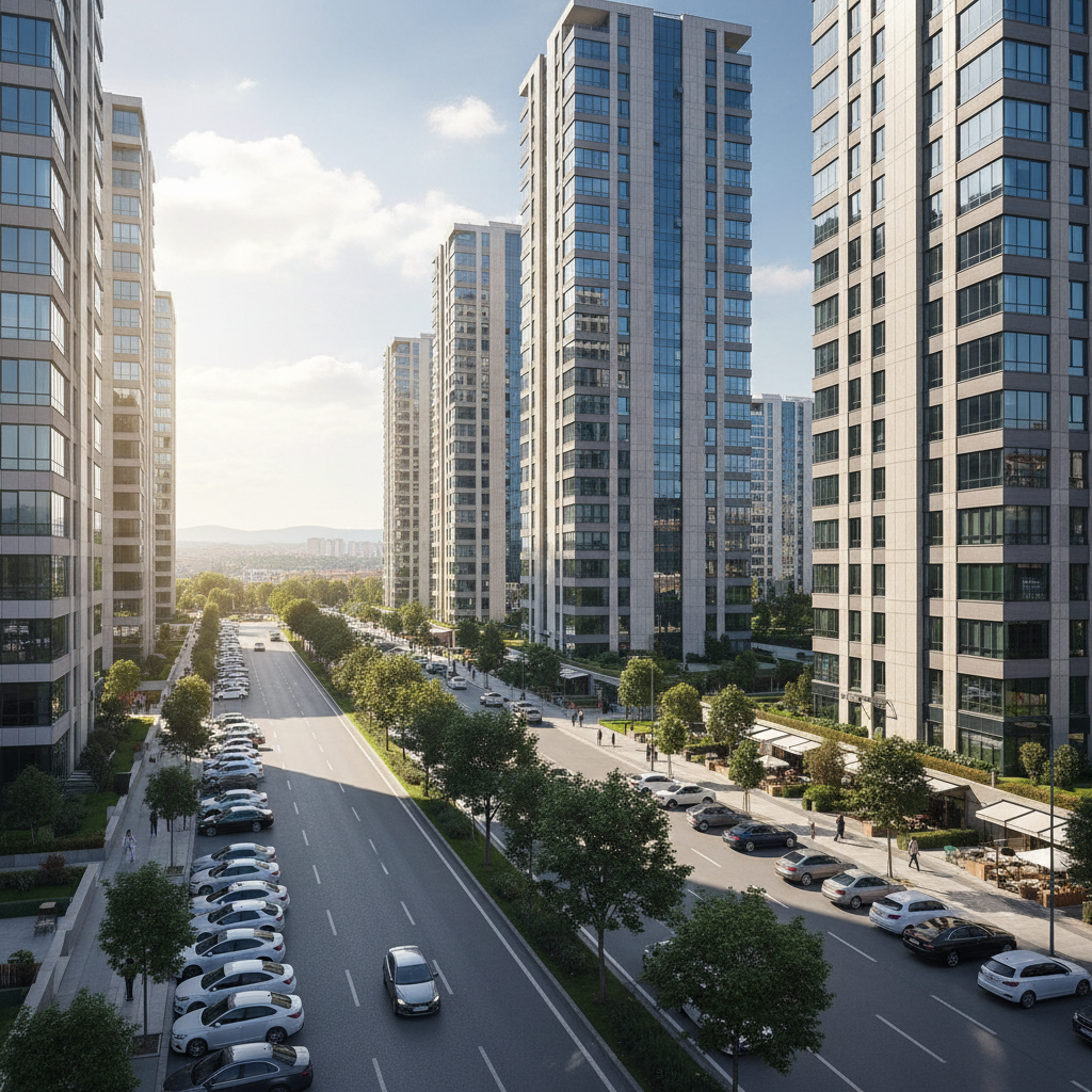 Ümraniye modern rezidans binaları, İstanbul Anadolu yakası, geniş cadde manzarası