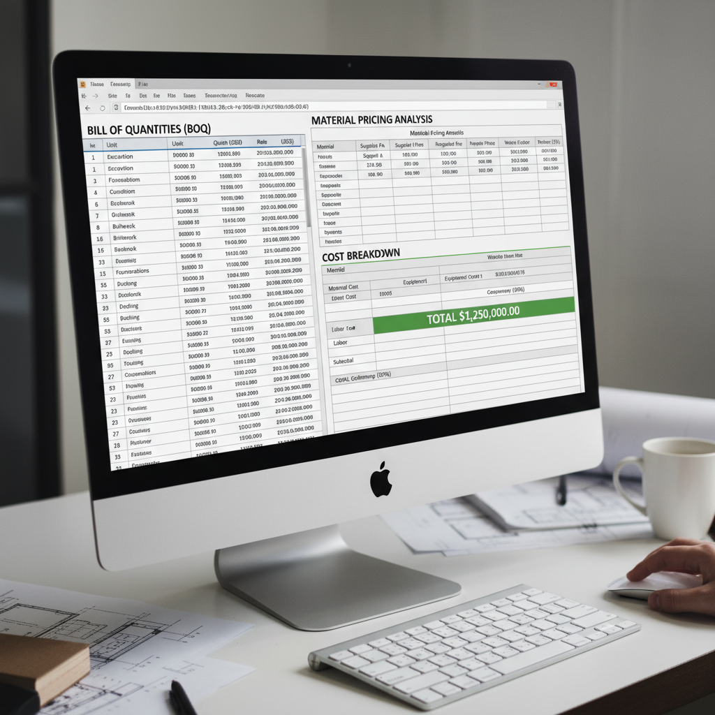 Construction cost estimation spreadsheet with BOQ calculations and material pricing analysis