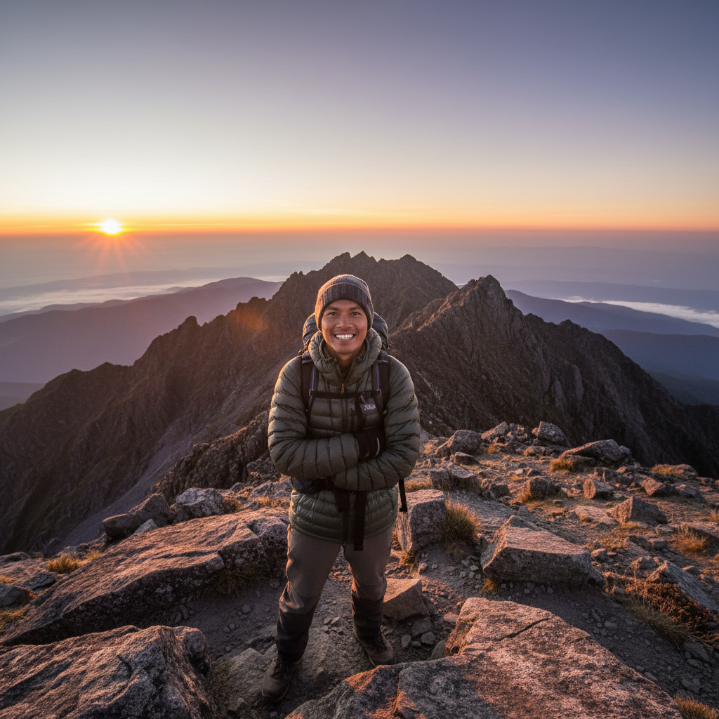 Azlan Ibrahim, Borneo mountain guide, smiling at Mount Kinabalu summit with sunrise behind