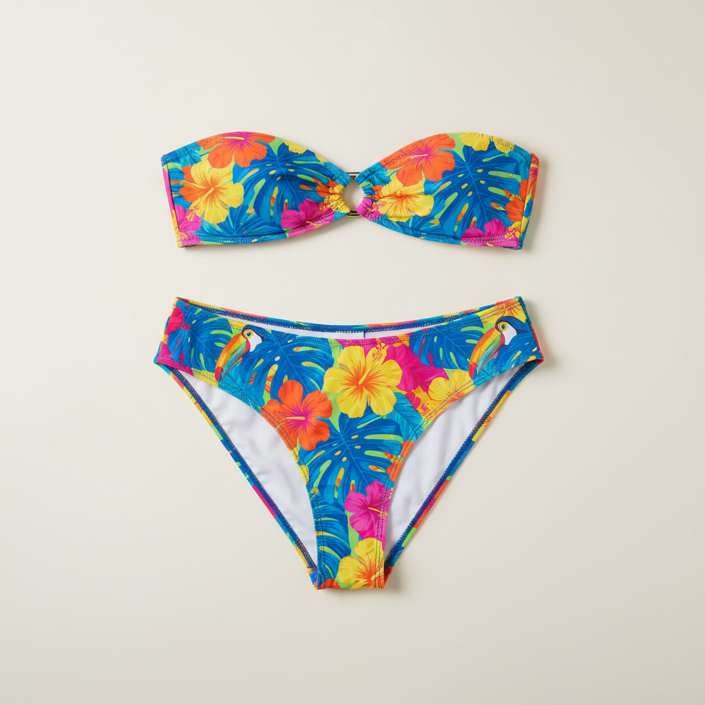 Blue tropical print swim shorts on white background