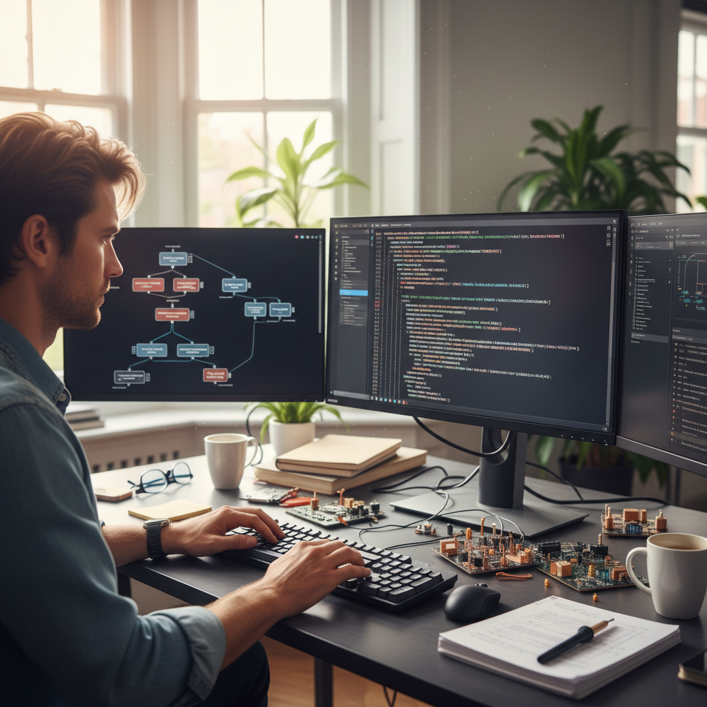 Tom Grayson, systems programmer, at standing desk with multiple monitors showing terminal and code editors