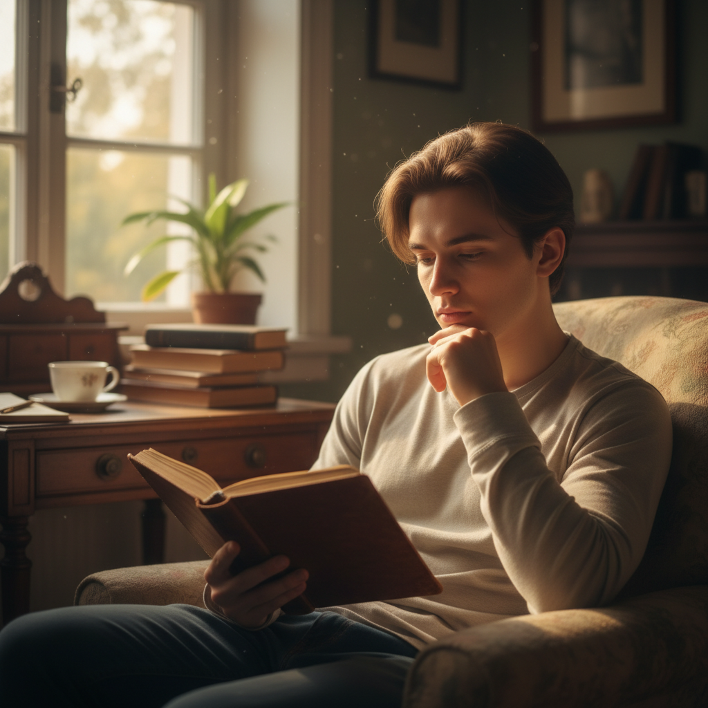 A young adult sitting thoughtfully in a sunlit space, exploring and reflecting