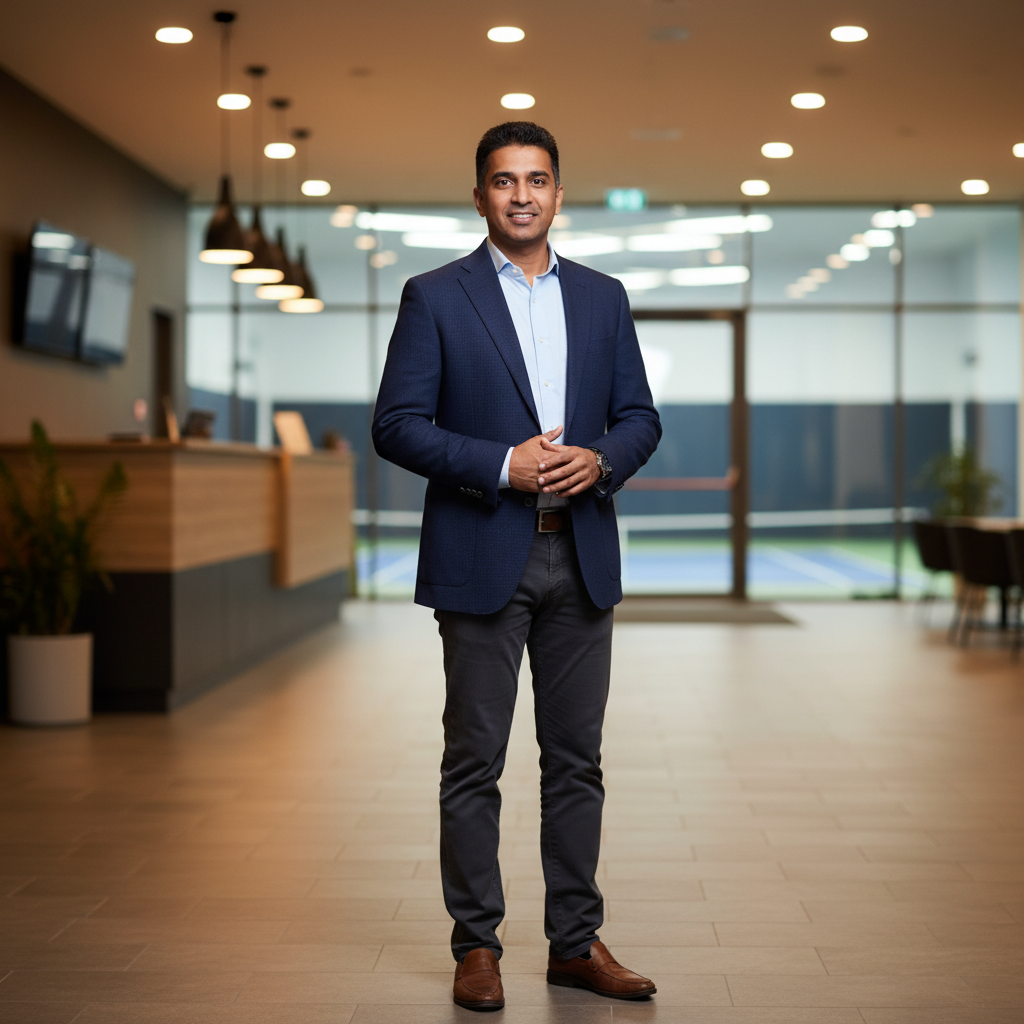 Rajeev Pillai, South Asian male sports complex director in casual business wear