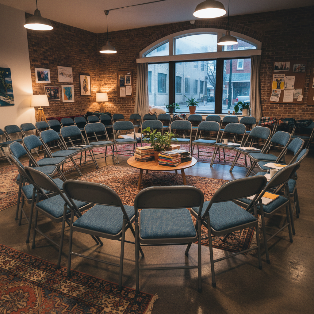 A small, humble community gathering space in a township setting with people meeting together in warm afternoon light