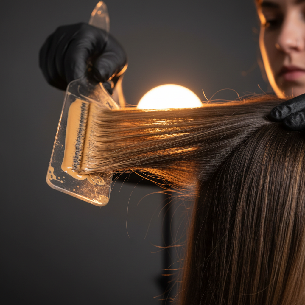 Stylist's hand mid-stroke with balayage paddle, warm amber studio light blooming through a single section of hair against dark background