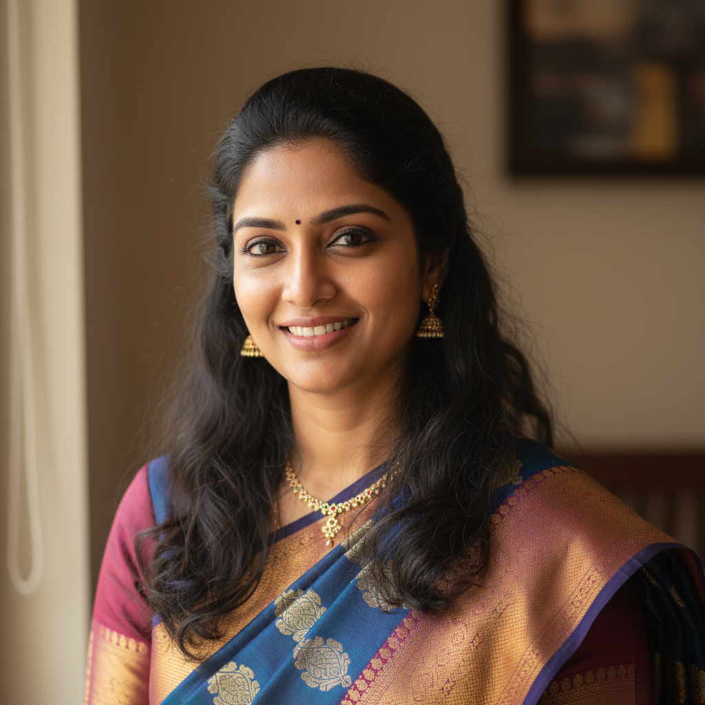 Telugu woman in traditional attire, standing in her kitchen, warm incandescent light, documentary style, dark rich tones, proud expression