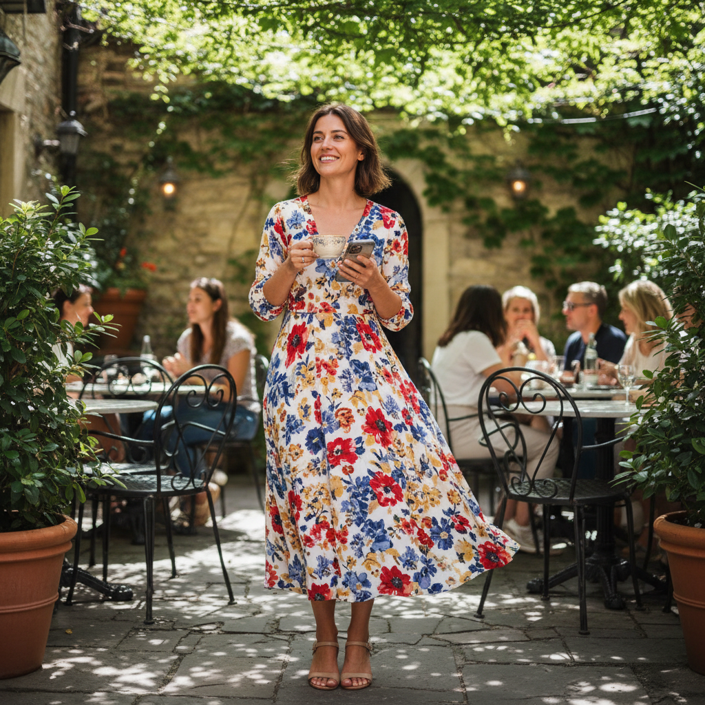 Customer wearing floral dress at outdoor event, bright natural light
