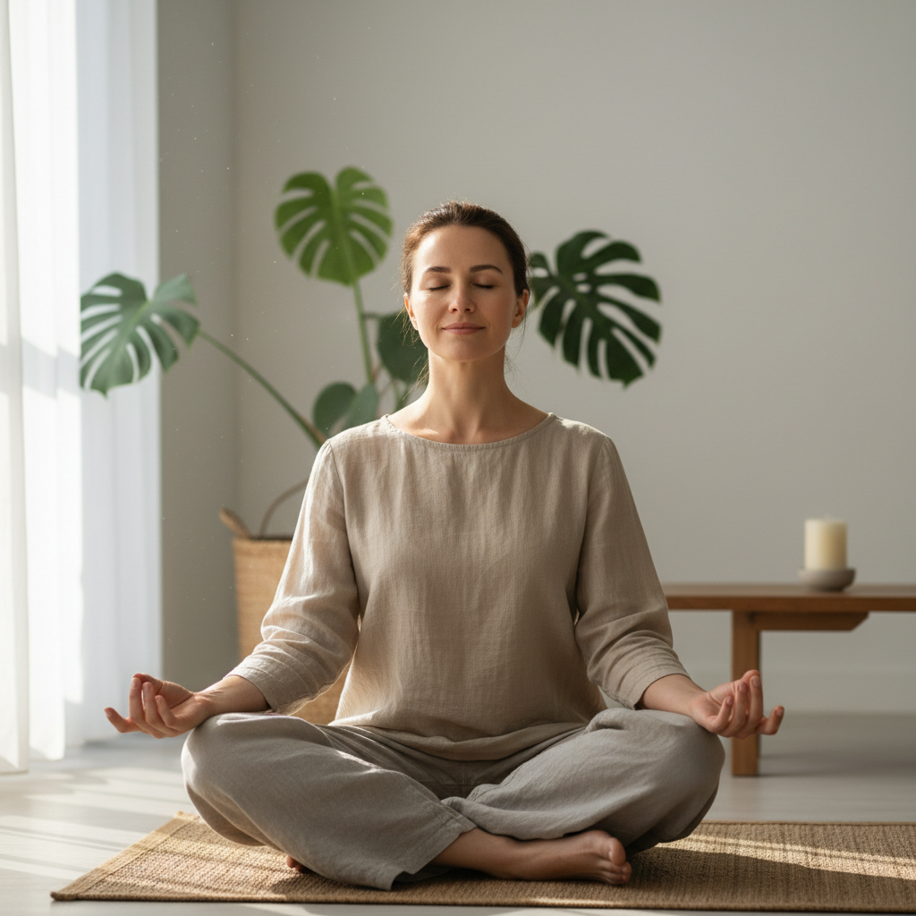 Person meditating in a calm candlelit room with peaceful expression