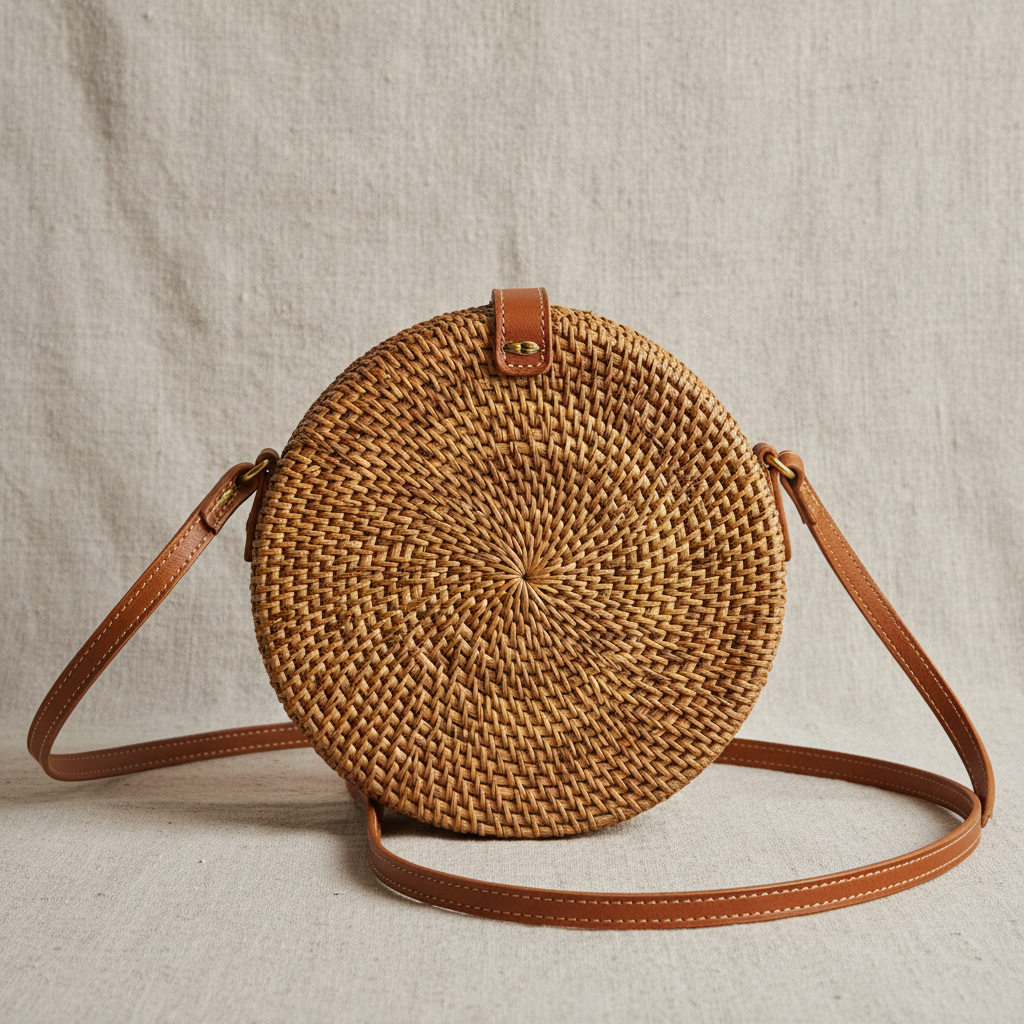 Woven sea grass crossbody bag with leather strap, photographed on bleached linen against a soft light background