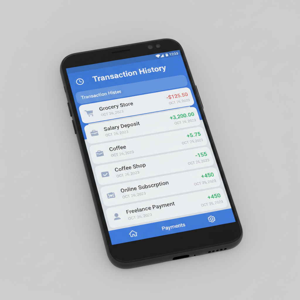 Person using smartphone for mobile banking transaction, bright clean background, modern digital payment environment