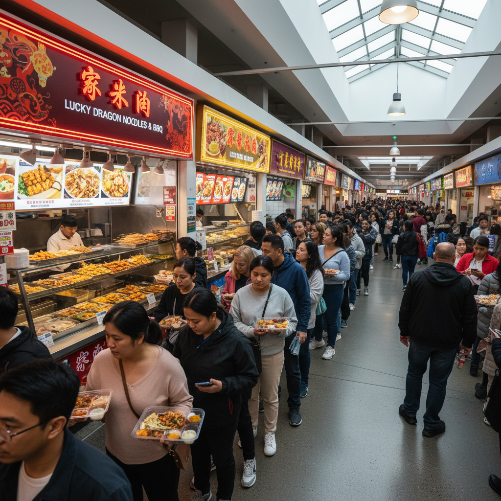 Long customer line stretching out of Asian food stall in food court