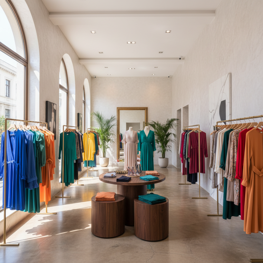 Colorful fashion clothing items on hangers, bright airy boutique, warm natural light