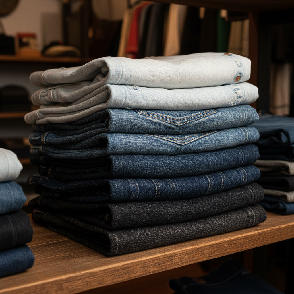 Stack of folded vintage denim jeans in various washes on wooden shelf