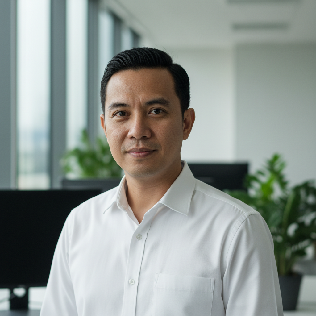 Pria Indonesia usia 35 tahun berpenampilan profesional dengan kemeja putih