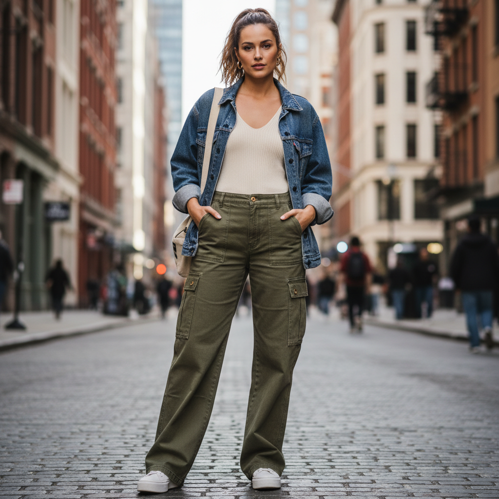 Dark cargo pants with multiple utility pockets, worn by model in urban street setting at night