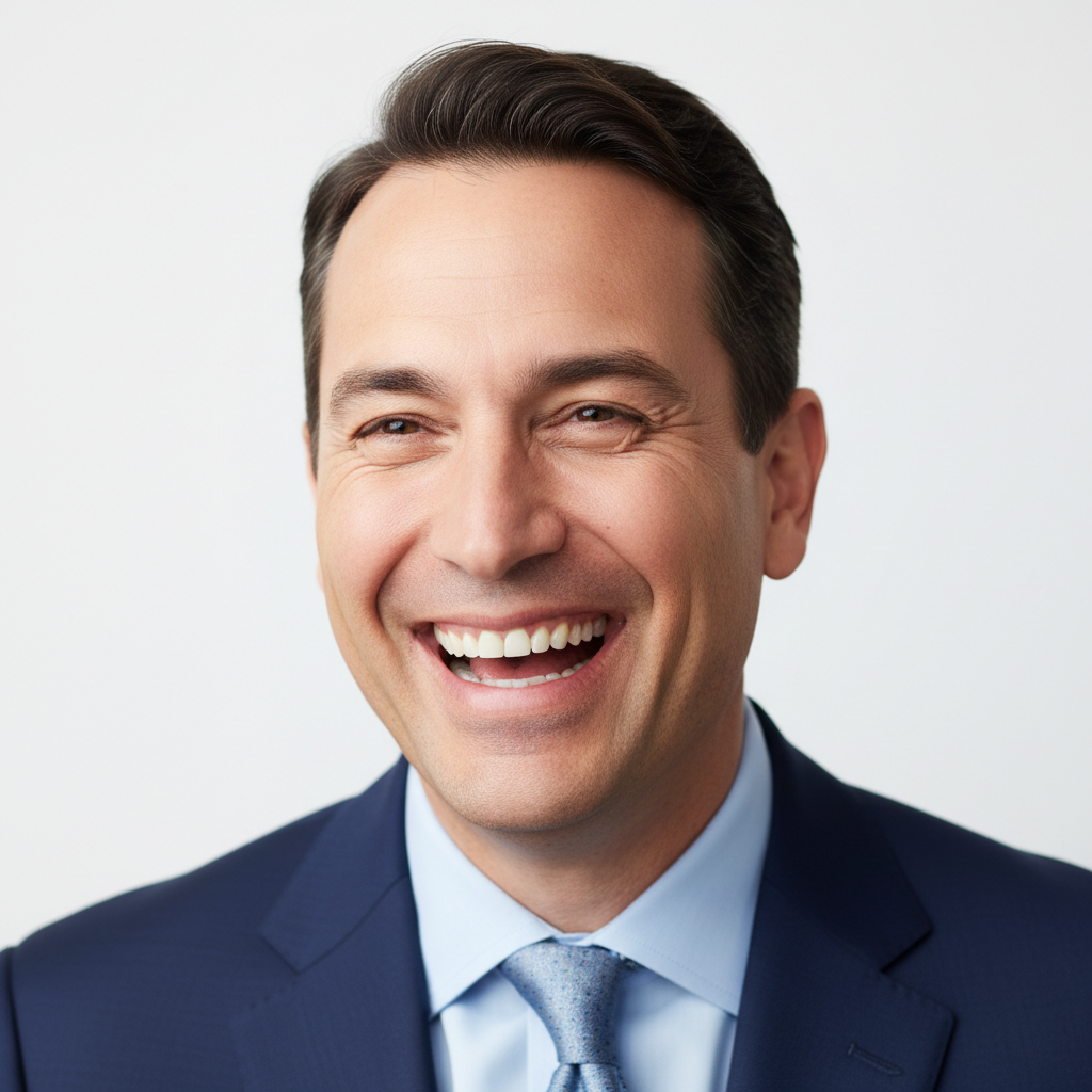 CEO in mid-laugh against white seamless backdrop, editorial portrait