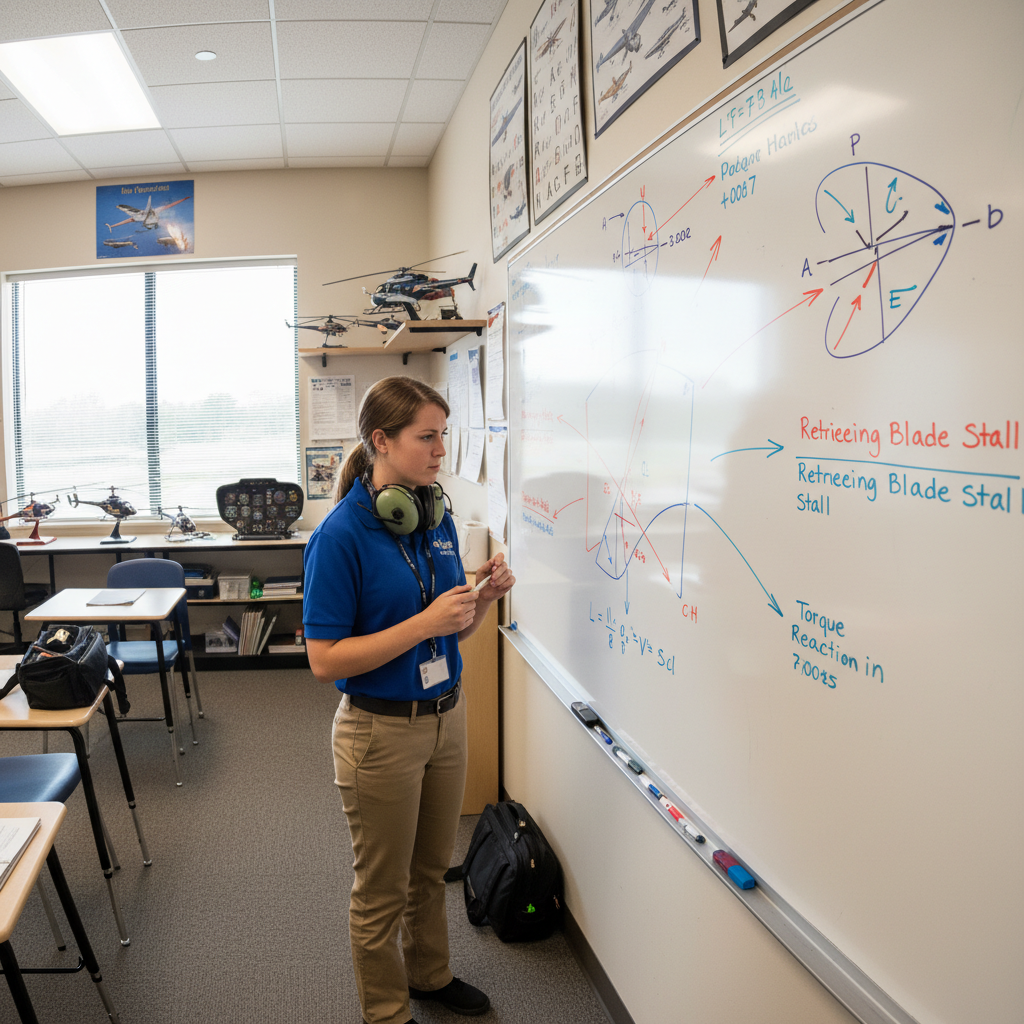 Student pilot studying helicopter aerodynamics diagrams on whiteboard in aviation ground school classroom