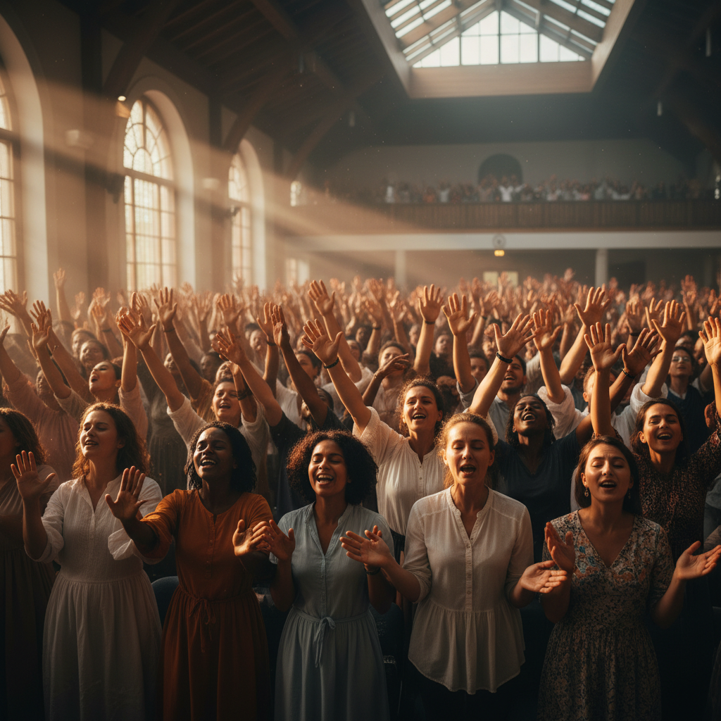 Community gathering in a bright hall with people worshipping together, hands raised in praise