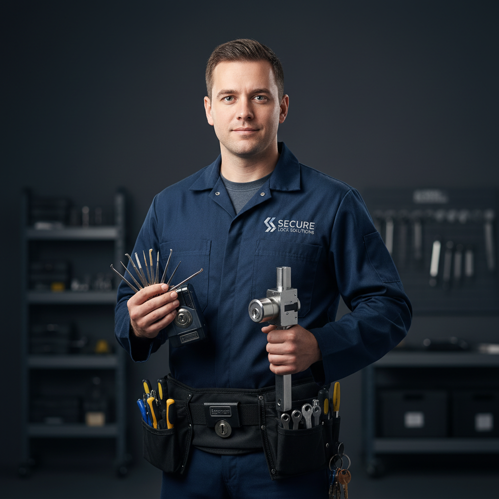 Kevin Okafor, locksmith technician, dark background, confident posture