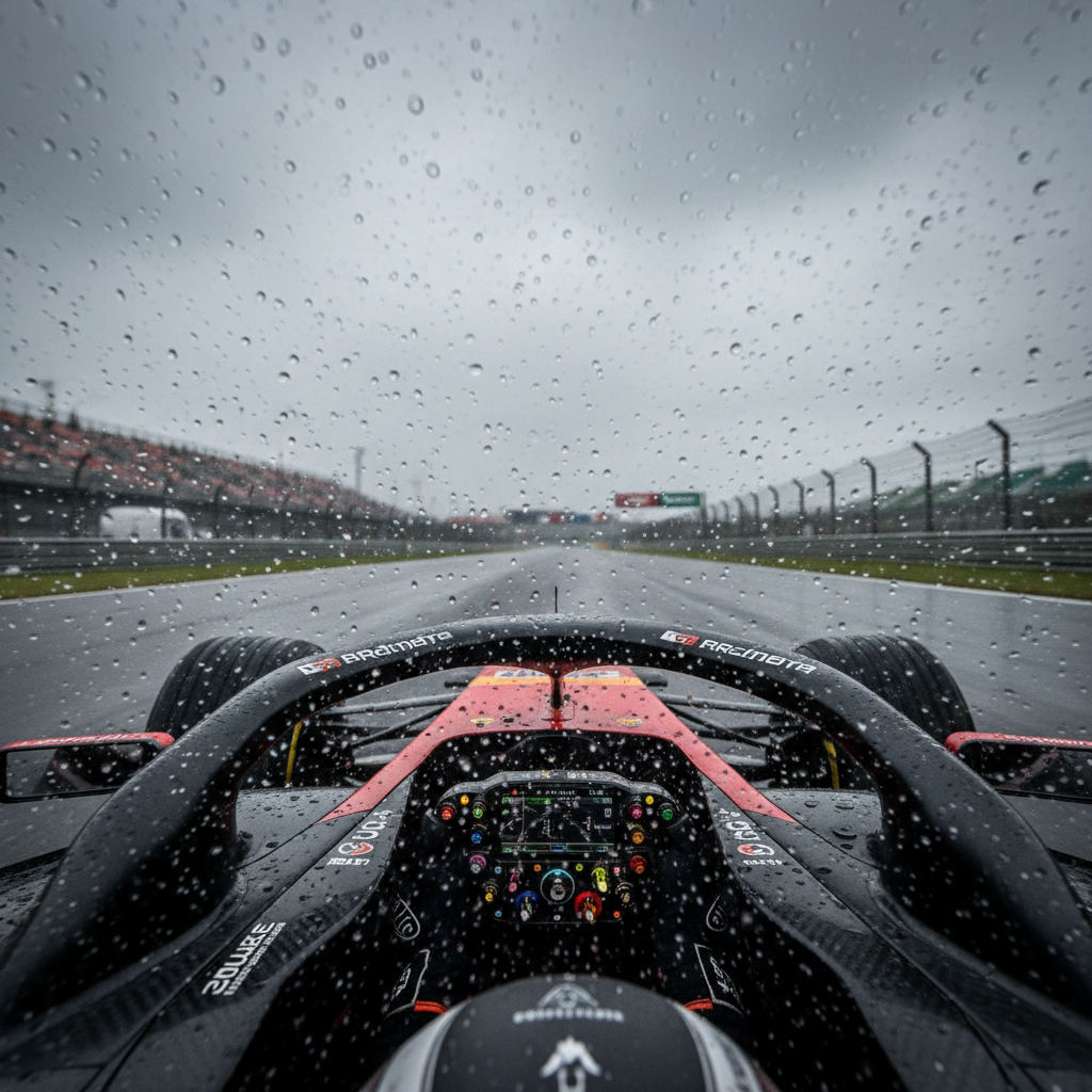 Formula car onboard view through rain-speckled visor during chicane