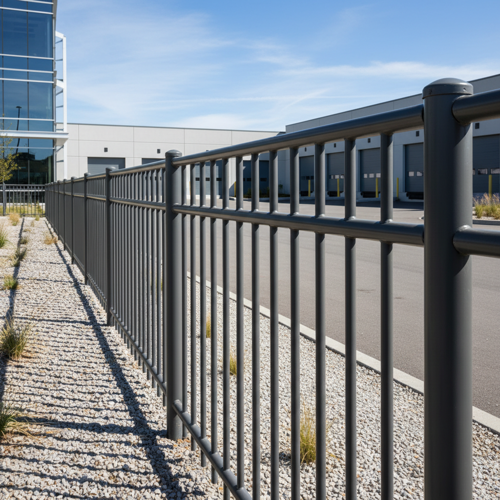 Modern powder-coated tubular steel fence along commercial property boundary in industrial district