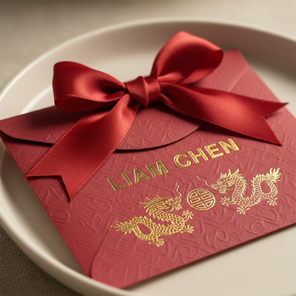 Personalized red envelope with gold embossed name and silk ribbon