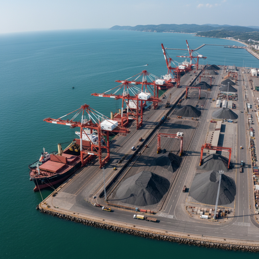 Aerial view of deep-water terminal berths with gantry cranes aligned along the quay wall and bulk carrier vessels moored alongside