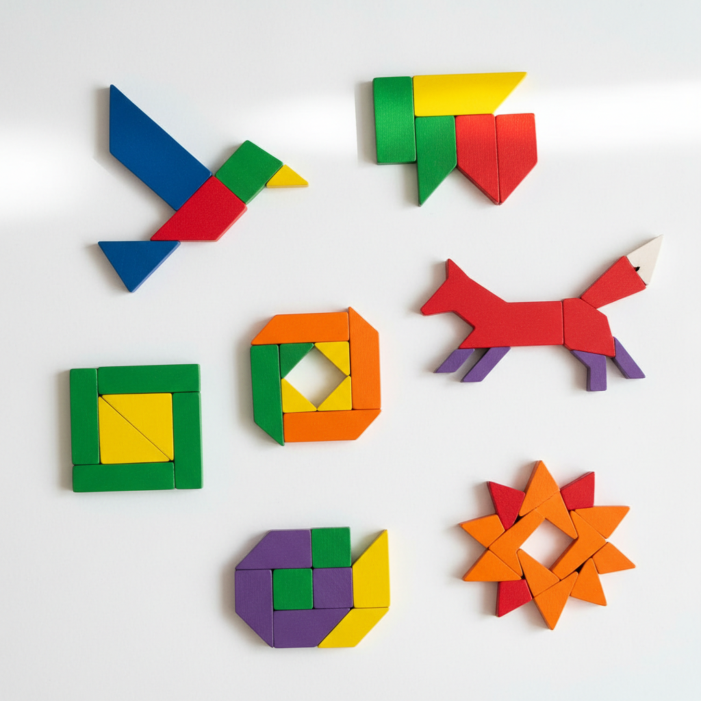 Colorful wooden tangram puzzle pieces arranged in geometric patterns on a white surface
