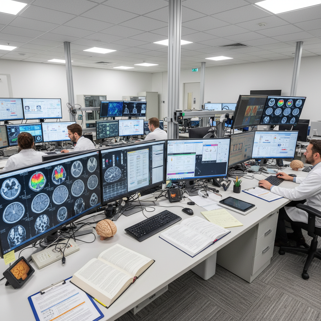 Alzheimer's disease research with brain scan imaging and neuroscience laboratory equipment