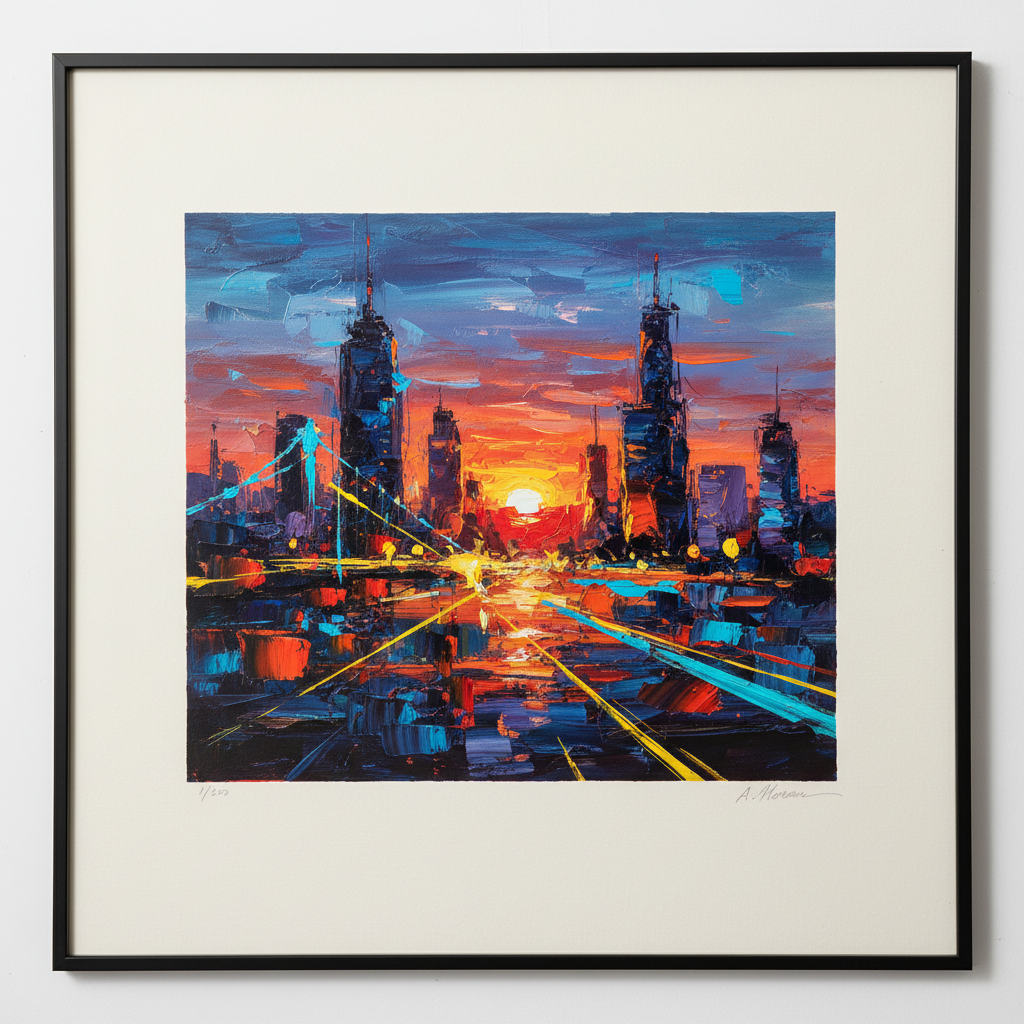 Limited edition art print with artist signature visible under dramatic gallery lighting