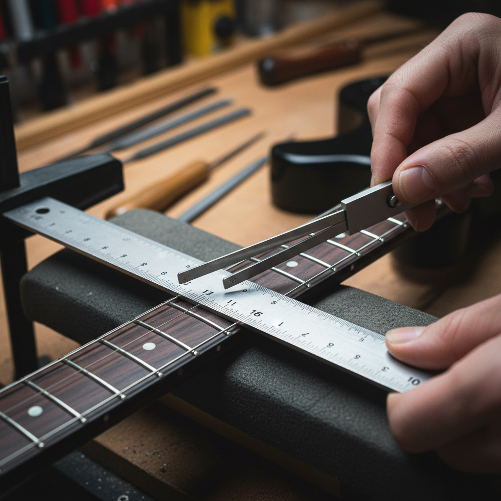 Hands using precision feeler gauges to measure fret height on a completed guitar neck