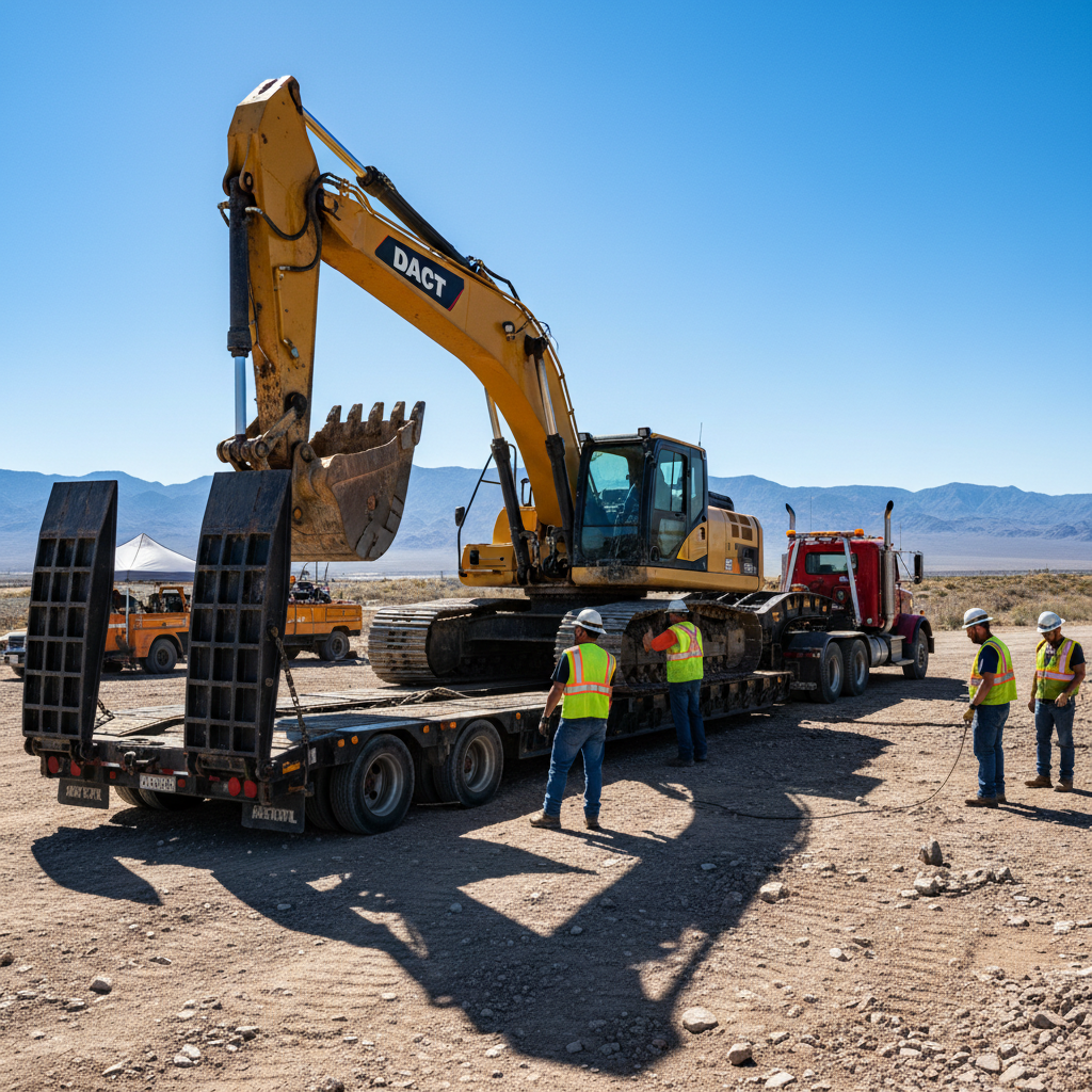 Large excavator being loaded onto a lowboy trailer for emergency field recovery at a construction site