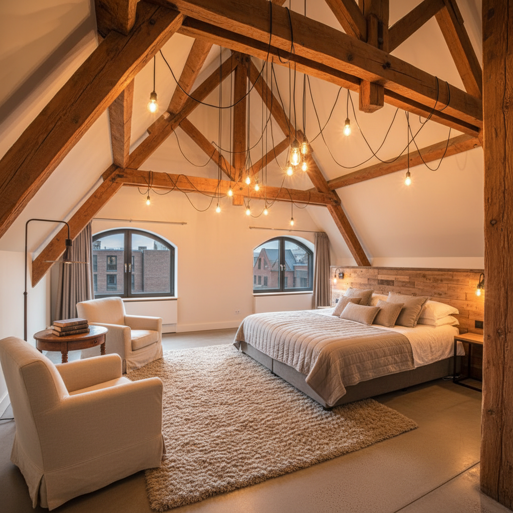 Loft suite with exposed timber beams, king bed, reading nook, warm Edison lights, rustic luxury aesthetic