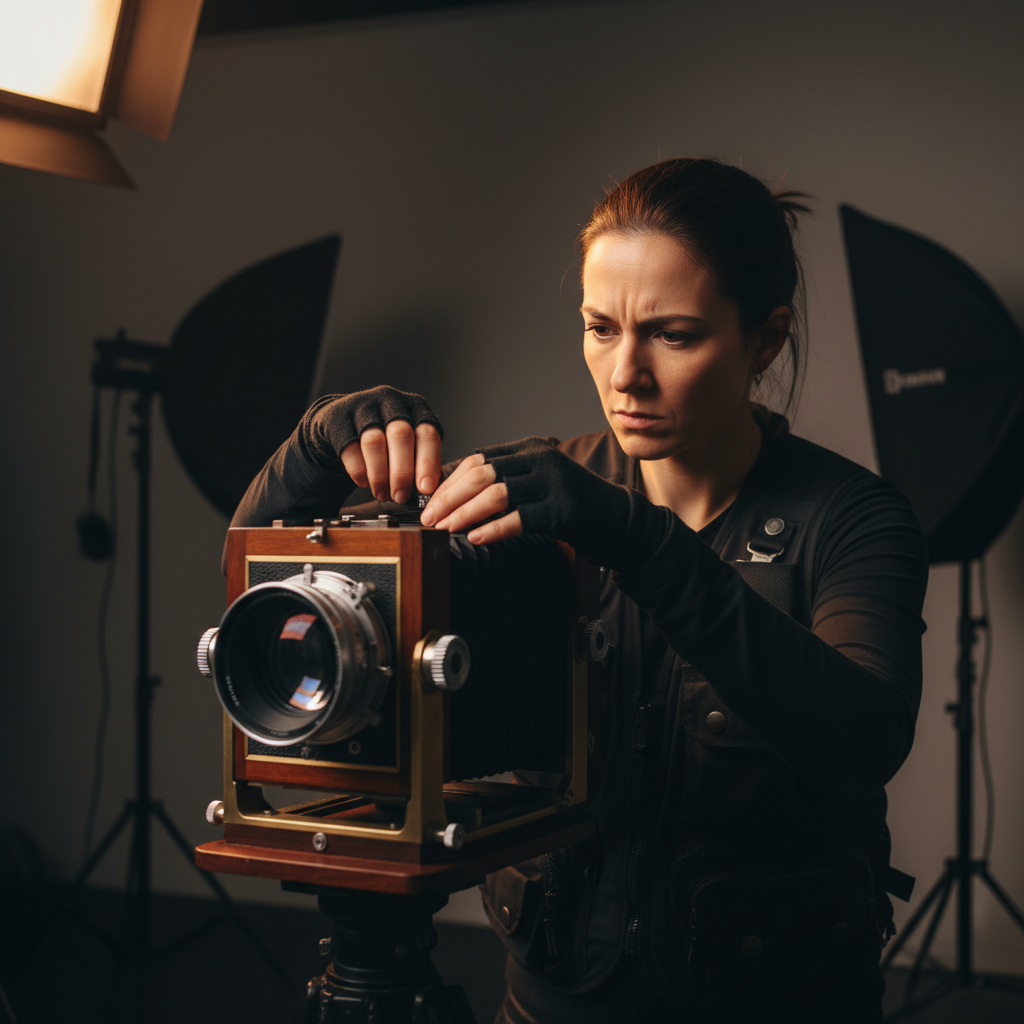 Female photographer in dark studio adjusting tilt-shift lens on large format camera