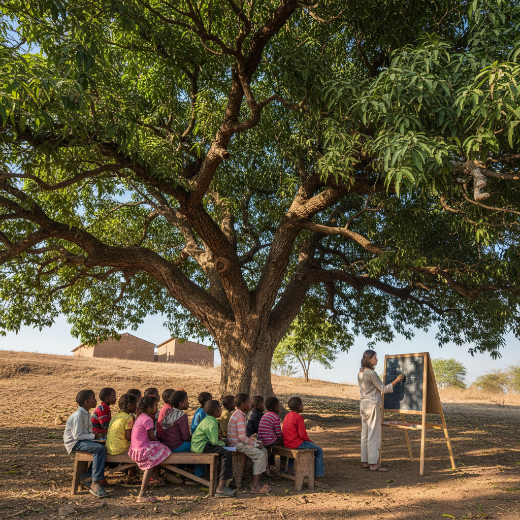 Children studying Sanskrit manuscripts under banyan tree, dappled sunlight, joyful faces