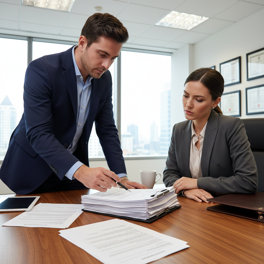 Dutch notary professional reviewing documents with client