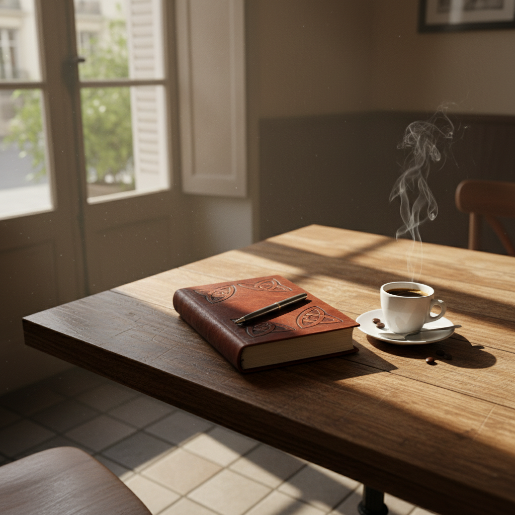 Peaceful morning scene, journal and tea by sunlit window, calm intentional atmosphere, warm amber morning light