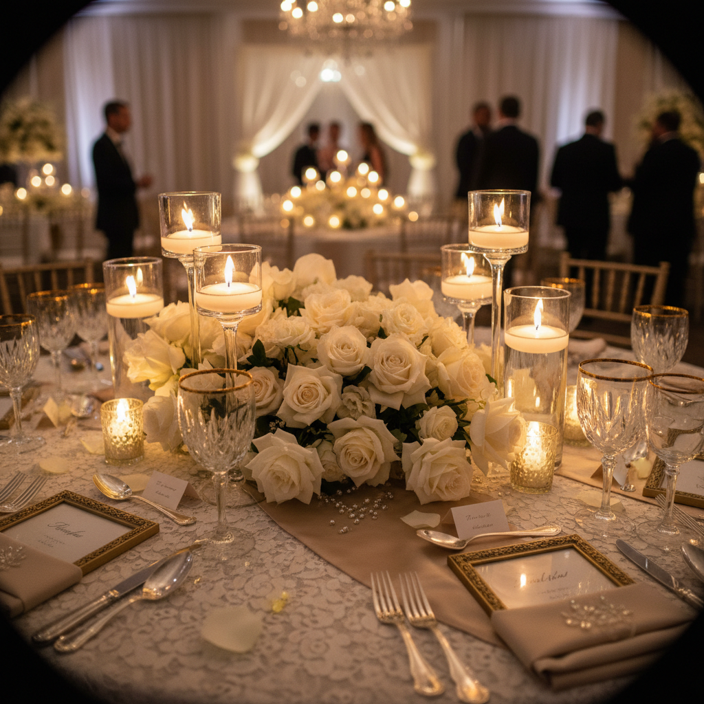 Decoración floral y de mesa elegante para boda con flores blancas y doradas