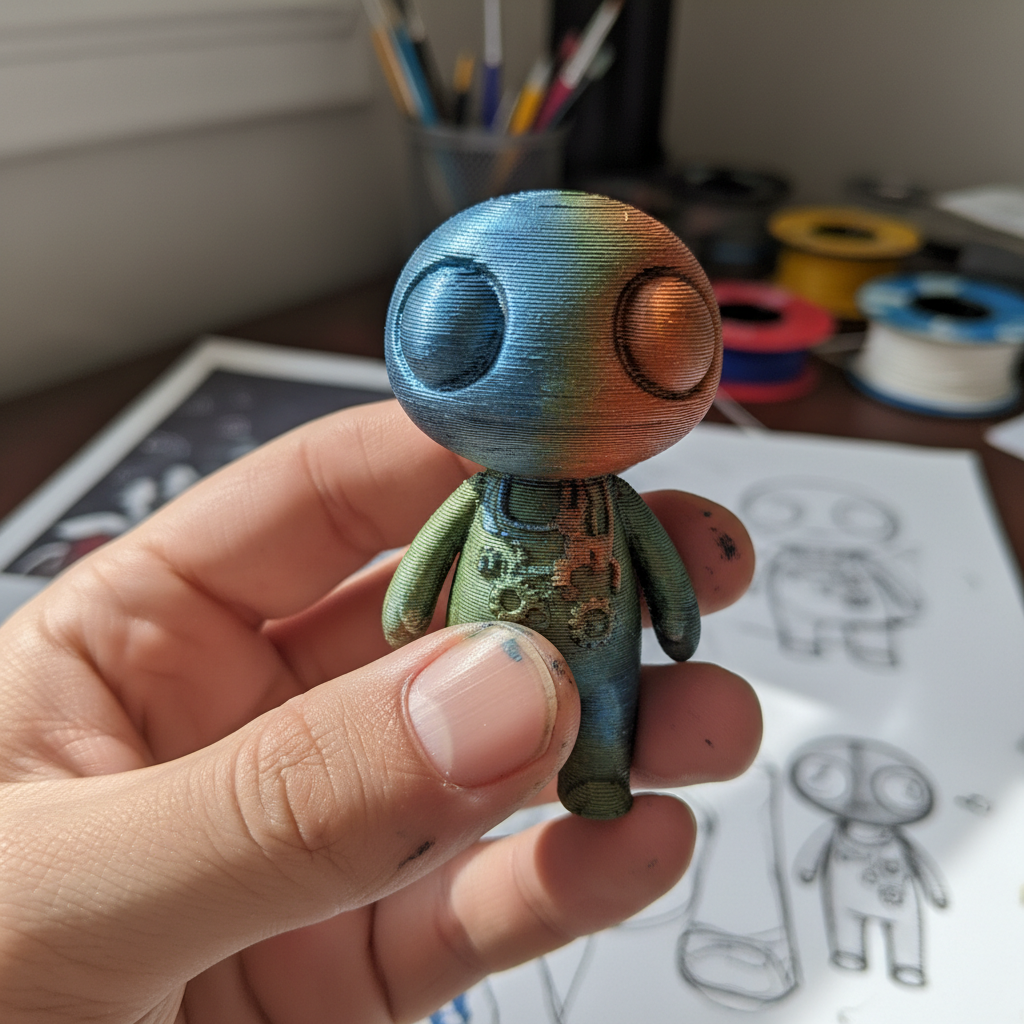 Designer's paint-stained hand holding 3D printed toy prototype with visible layer lines and hand-painted details